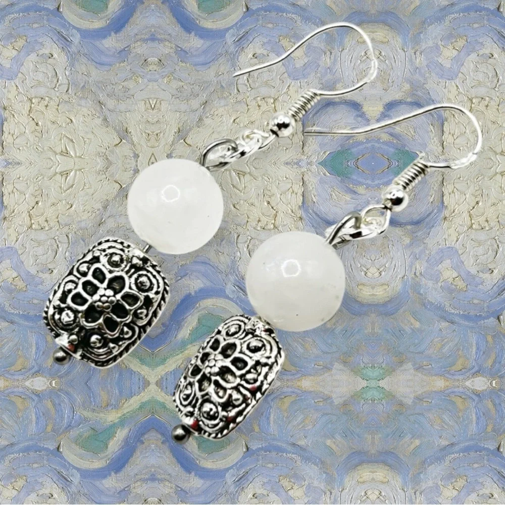 NWOT Sterling silver and stainless steel genuine moonstone earrings - Picture 2 of 11